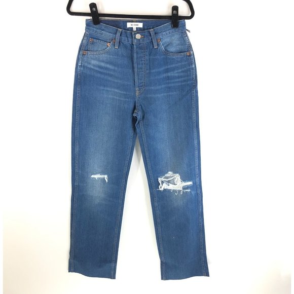 Re/Done 90's High Rise Loose Destroyed Rigid Jeans Straight Leg Blue 26 NWT